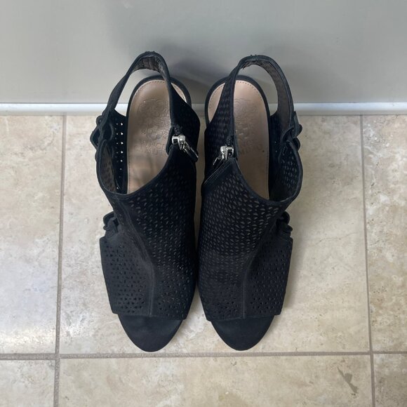 Vince Camuto Elison Nubuck Leather Peep Toe Heeled Sandal Bootie, Size 9M, Black - Picture 5 of 9